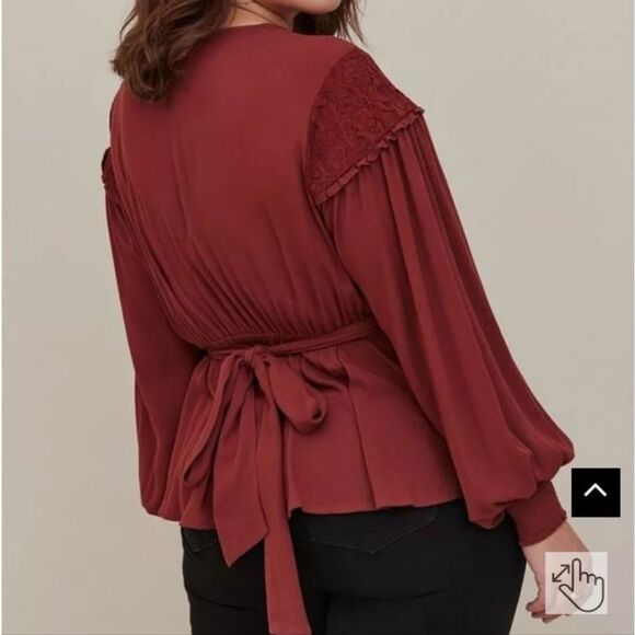 Torrid Crinkle Gauze Lace Inset Surplice Top. Brown 3X - Picture 9 of 16